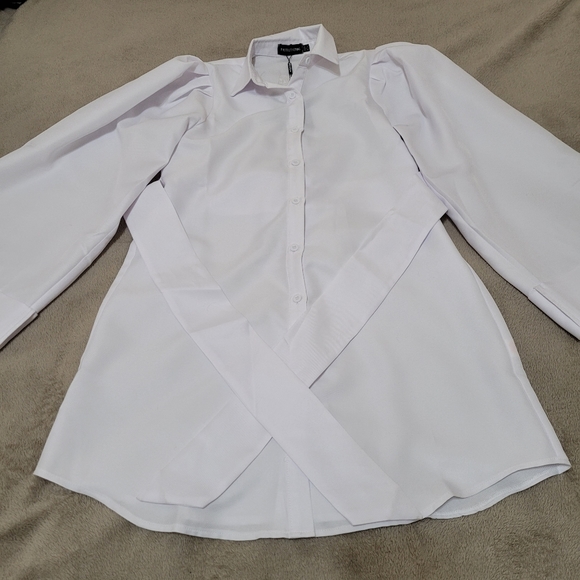 PrettyLittleThing White Flare Puff Sleeve Tie Waist Shirt Dress size 4 - Picture 6 of 13